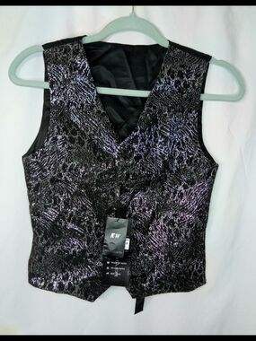 NWT Youth Vest Metallic Brocade Silver Black Suit Formal Wedding Pageant Sz 12